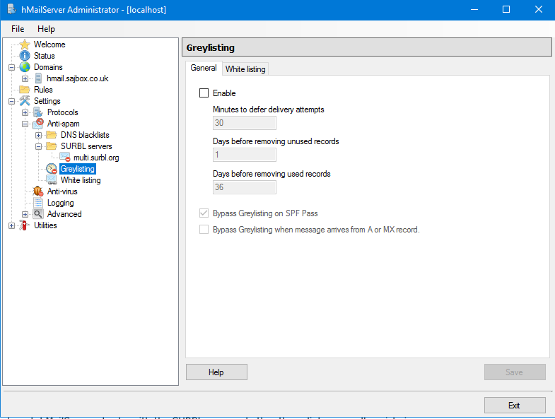 hMailServer > Settings > Anti-spam > Greylisting