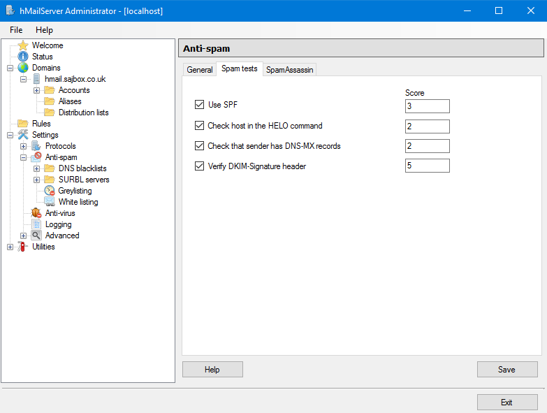 hMailServer > Settings > Anti-spam > Spam Tests