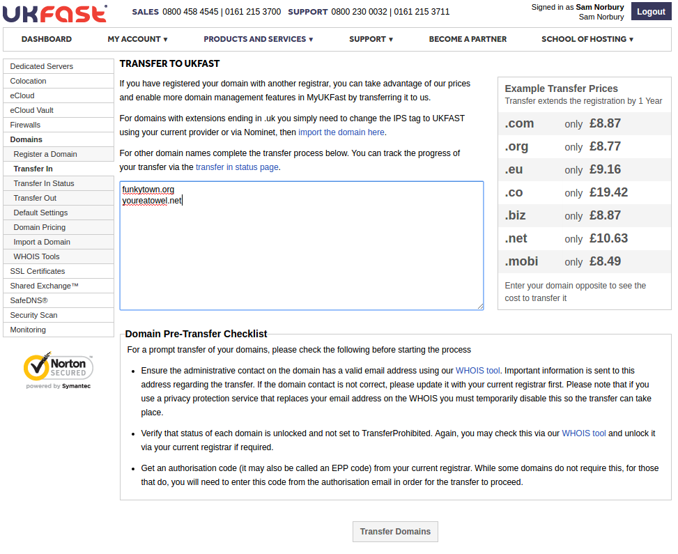 Domain transfer page