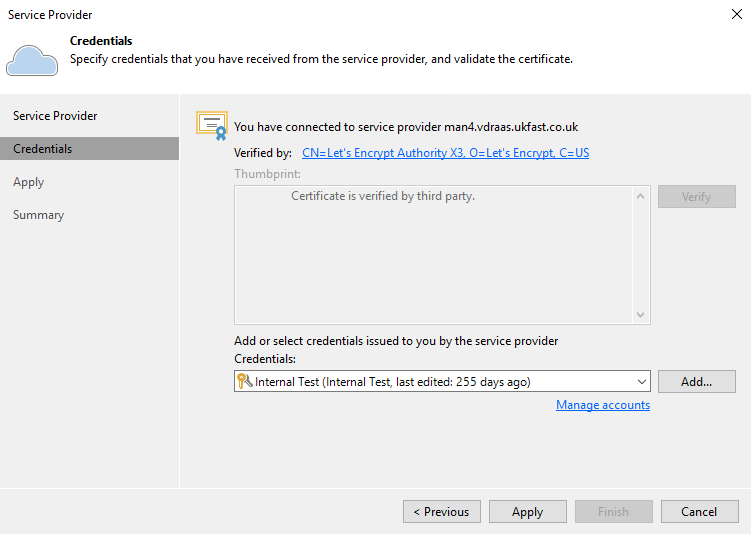 connect to service provider - add credentials