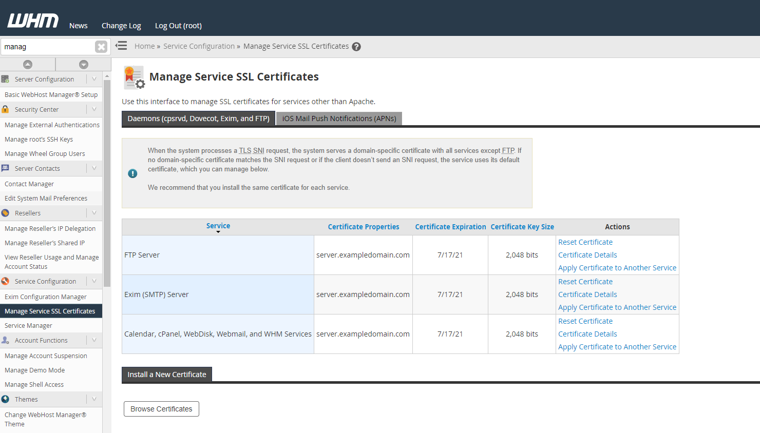 WHM Service SSL Certs